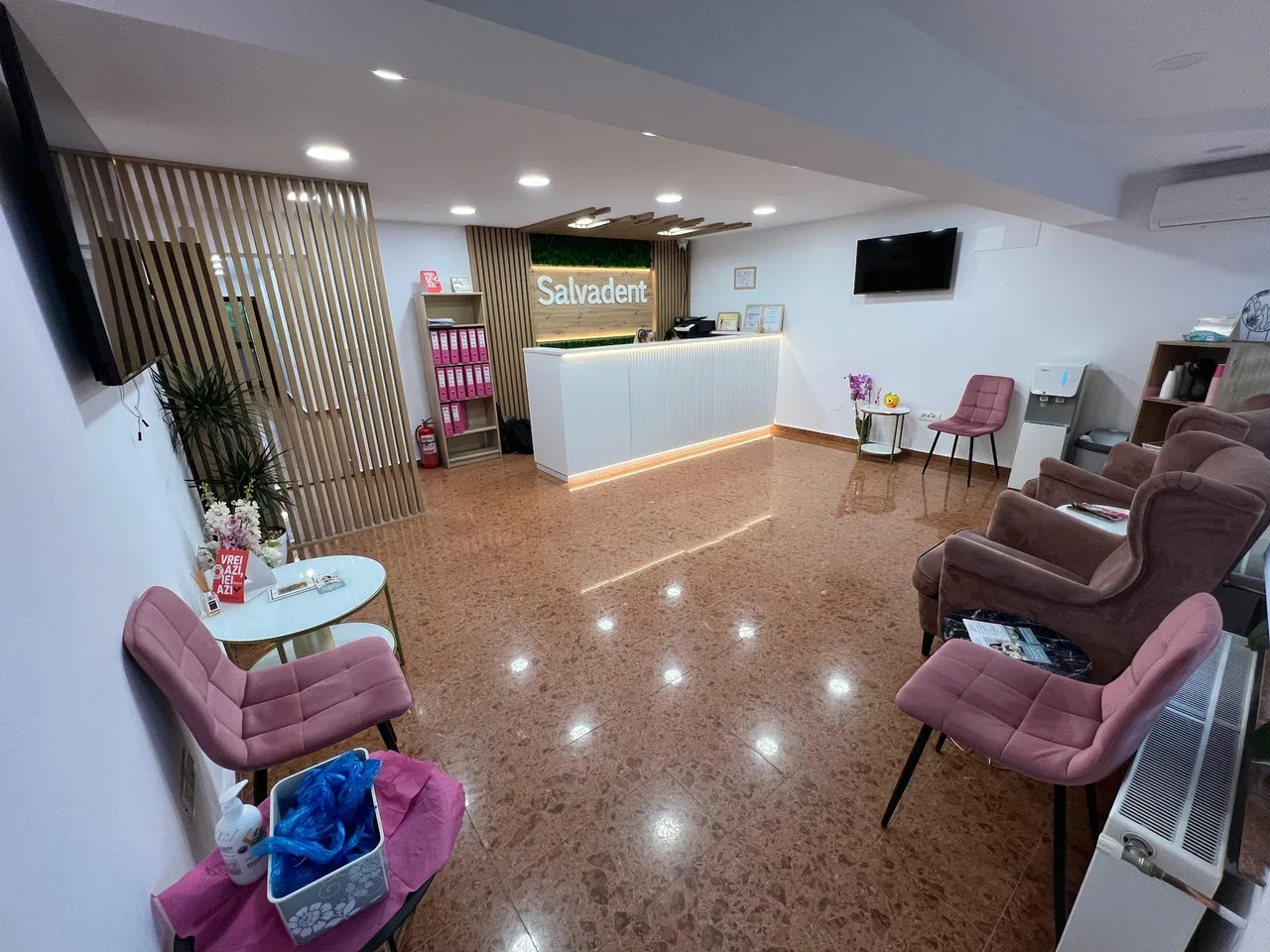 Recepția clinicii SalvaDent, cu zona de așteptare și biroul cu sigla clinicii